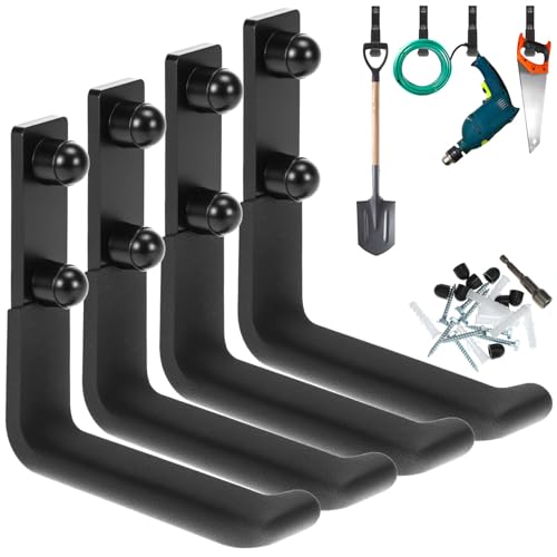 QWORK Heavy-Duty Garage Storage Hooks, 4 Pack Steel Wall Mount Ladder Hangers, Utility Hooks with 88 lbs Load Capacity, 4 Inch,Non-Slip Coating