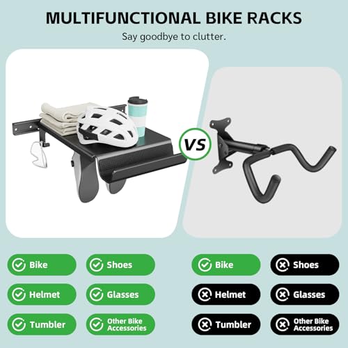 Bike Wall Mount Rack Indoor Bike Storage Garage Bike Rack Wall Mount with Shelf and Hooks Store Your Helmet and Shoes for a Single Road, Mountain or Other Bicycle (Universal Bicycle,16" Stud) - size: Large Size,16" Stud
