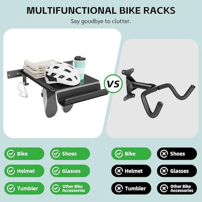 Bike Wall Mount Rack Indoor Bike Storage Garage Bike Rack Wall Mount with Shelf and Hooks Store Your Helmet and Shoes for a Single Road, Mountain or Other Bicycle (Universal Bicycle,16" Stud) - size: Large Size,16" Stud