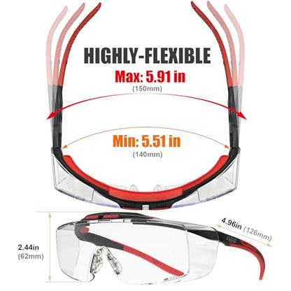 HTS HUNTERSKY ANSI Z87.1+ Anti Fog Lab Safety Glasses Fit Over Eyeglasses Up to 1.88 inch 100% UV Protective OTG Goggles - color: 3906c Black-red / Clear Lens