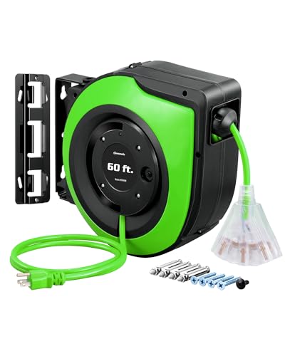DEWENWILS Retractable Cord Reel, 60FT Heavy Duty Extension Cord, 12AWG/3C SJTOW, 3 Grounded Outlets Lighted Triple Tap, 15A Circuit Breaker, Wall/Ceiling Mounted for Garage, Workshop, UL Listed, Green - style: Green，3 OUTLET