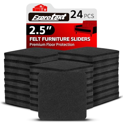 Ezprotekt 2.5" Felt Furniture Movers Sliders for Hardwood Floors, 24 Pcs Reusable Square Felt Furniture Moving Pads for Sofa Table Bed Desk Couch Cabinet, Furniture Glides Easily and Quickly (Black) - color: Black, size: 2.5" (Square)