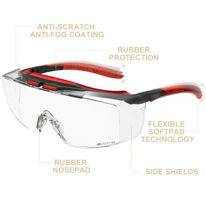 HTS HUNTERSKY ANSI Z87.1+ Anti Fog Lab Safety Glasses Fit Over Eyeglasses Up to 1.88 inch 100% UV Protective OTG Goggles - color: 3906c Black-red / Clear Lens