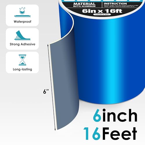 Super Waterproof Tape 6 in x 16ft, Self Adhesive Leak Proof Pool Cover Repair Tape High Strength Blue Butyl Sealant Tape for RV Roof, Roof Crack, Pool Liner Patch, Pipe Leak - size: 6in x 16ft