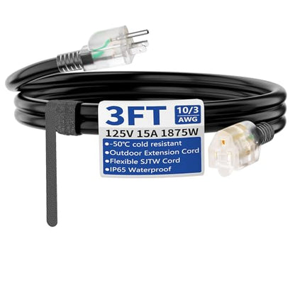 3ft Outdoor/Indoor Extension Cord with Lighted 10/3 Gauge Ultra 3 Prong Heavy Duty SJTW, Waterproof, Flexible Cold-Resistant,15A 125V 1875W, Black - size: 3FT