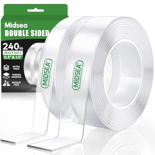 Double Sided Tape Heavy Duty, 240" L x 1"/0.5" W, Removable Waterproof Clear Nano Mounting Tape for Picture Hanging, Wall Decor, Rugs & Posters, Indoor Outdoor