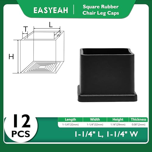 EASYEAH 1-1/4" (32mm) Square Chair Leg Floor Protectors, Black Rubber Chair Leg Caps, Non-Slip Patio Furniture Feet Cap, PVC Chair Feet Covers for Hardwood Floors, Tables & Patio Furniture, 12pcs - size: 1-1/4" x 1-1/4"