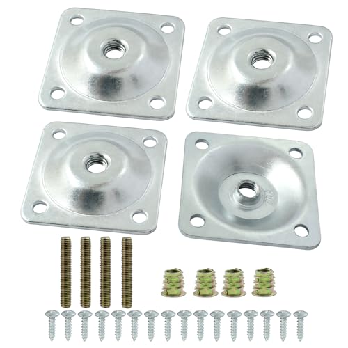 Set of 4 Leg Mounting Plates Kit, M8 Thread Furniture Sofa Legs Attachment Plates T-Plate for Repairing Damaged Sofa Couch Seats, with Hanger Bolts, Screws (Silver) - color: Silver, size: 5/16" (M8) -No Angle