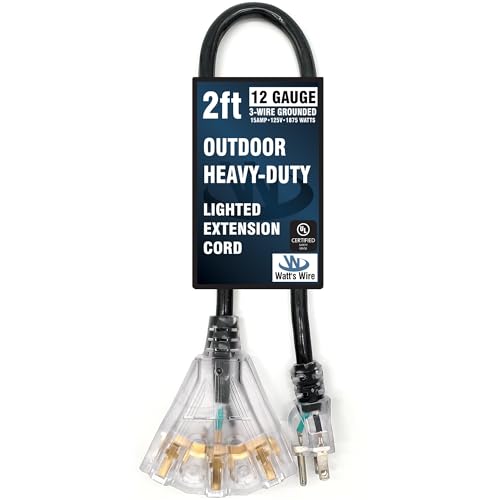 2 ft Short Outdoor Extension Cord Waterproof - 12 Gauge Heavy Duty Extension Cord Splitter Outdoor 2 ft - Lighted Outdoor Extension Cords with Multiple Outlets - Watts Wire - 2' Grounded - size: 2 Ft