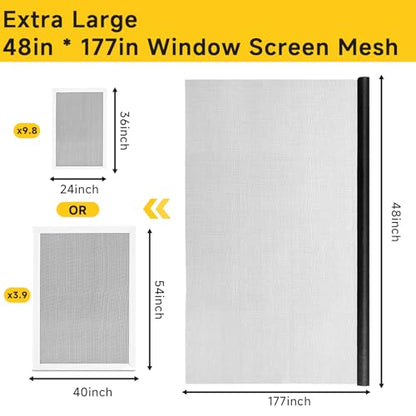 48"x177" Window Screen Replacement Kit & Screen Door Repair Kit, Fiberglass Mesh Roll with Spline, Roller, Hook, Cutter & Ruler, Sliding Screen Door & Window Mesh Replacement for Patio, Porch, Home - size: 48'' x 177''