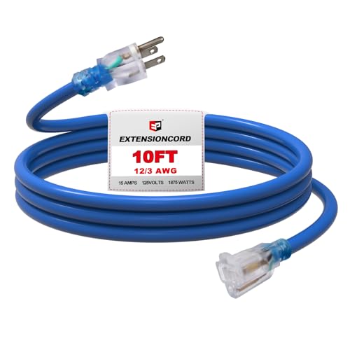 EP 10 Ft Outdoor Extension Cord, 12/3 SJTW Heavy Duty Waterproof Power Cable, 3 Prong Grounded Plug, Lighted End, for Lawn, Garden, Appliances, Blue - color: Blue, size: 10ft