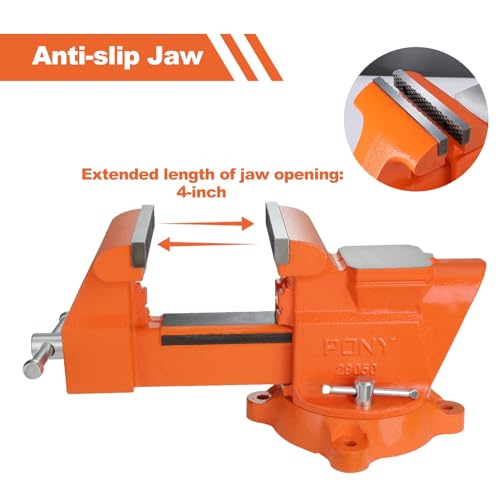 PONY Heavy Duty Bench Vise, 5-inch Jaw Width 4-inch Opening, Swivel Base With Anvil, Utility Combination Pipe Home Vise for Woodworking, One-Pair Jaw Pad Included - style: 4-inch Jaw Opening