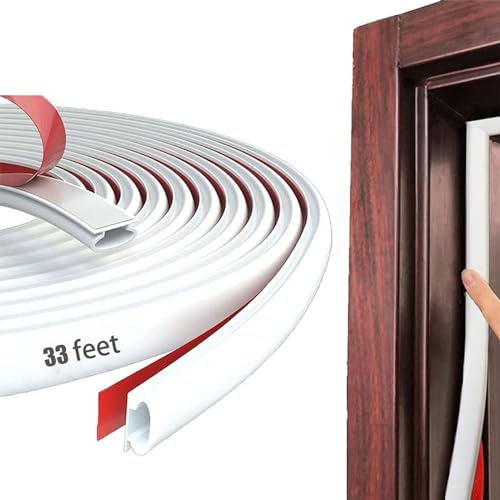 White Rubber Weather Stripping Door Seal Strip, D Shape Door Weather Seal Strip, Self-Adhesive Soundproofing Frame Insulation Tape for Doors Frame/Window Seal,Blocks Cold Drafts Noise - color: White, size: 33 feet