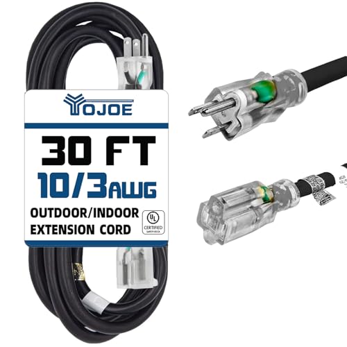 YOJOE Indoor Outdoor Extension Cord with Lighted End, 3 Prong 15A Weatherproof Power Cord, 10 Gauge Heavy Duty 30 ft Black Extension Cord for Garage, Garden and Home, 10/3 SJTW UL Listed - color: Black, size: 30 Foot