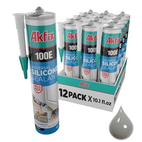 Akfix 100E RTV Gray Silicone Caulk (12x10.1 fl.oz.) - 100% Waterproof Silicone Sealant for Kitchen and Bathroom, Shower, Bathtub, Toilet, Sink, Window and Door, No Discoloring | Grey, 12 Pack - color: Grey, size: 12 Pack