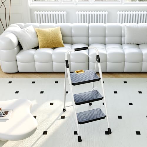 KINGRACK 3 Step Folding Ladder, 800lbs Capacity Step Stool with Safety Lock, Non-Skid Wide Pedals, and Handrail, Lightweight, Household Ladder for Home, Kitchen, Pantry, Closets, and Office Use, White - size: 3-step
