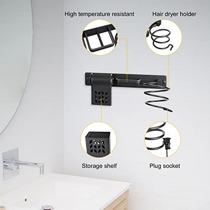 YUET Hair Dryer Holder Hairdryer Station Wall Mounted Shelf Bracket Straightener Stand Hanger Organizer Blow Storage w/Cable Tidy Rack For Dressing Table Bathroom Aluminum Professional,Black With Cup - color: Black With Cup