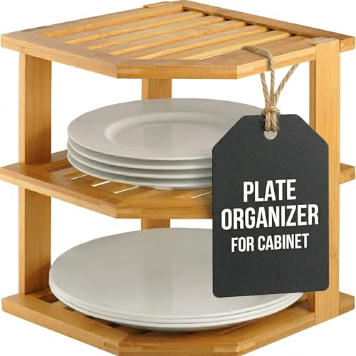 Plate Organizer for Cabinet - 3 Tier Bamboo Corner Shelf Cabinet Organizer for Plates, Bowls, Mugs and Pantry Storage, Space Saving Countertop and Cabinet Corner Shelf, 10 x 10 x 9.5 Inch, Bambusi - color: Bamboo
