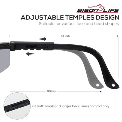 BISON LIFE Anti Fog Safety Glasses with Adjustable Temple & Side Protection, Wraparound Anti-Scratch Lens, Gray Lens & Black Temple, Mowing, Gardening, Outdoor Sports & More (Pack of 3) - color: Gray/Black