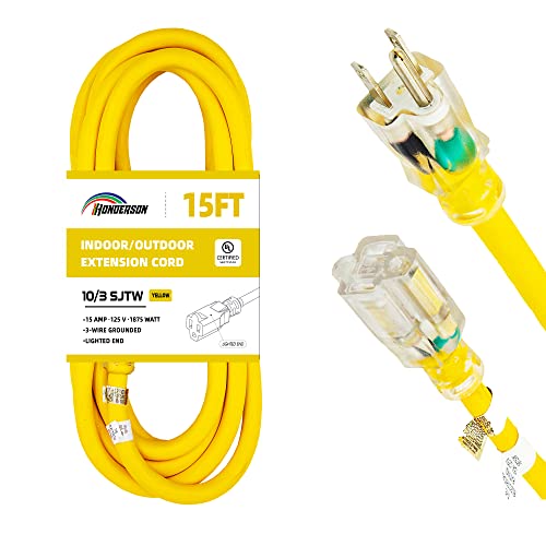 Indoor Outdoor Extension Cord Weatherproof with Lighted End, UL Listed, 10 Gauge 15FT Yellow 3 Prong Heavy Duty, 10/3 SJTW 15A Power Cord for Outdoor Lights, Lawn - size: 15ft, style: 10/3