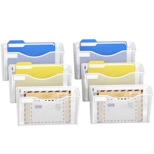 Samstar 6 Pack Mesh Wall Mounted File Holder Metal Wall File Pocket Mail Organizer for Office/Home(with Label Panel), White - color: White
