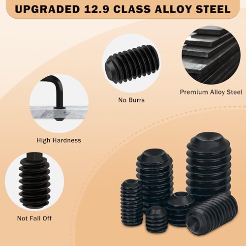 490Pcs Set Screw Assortment Kit, SAE 12.9 Alloy Steel Grub Screws, Hex Socket Internal Allen Drive Cup Point Set Screws, 12 Sizes (1/8-40 to 5/16-18) for Door Handles Bathroom Fixtures - size: 490PCS 12Size SAE
