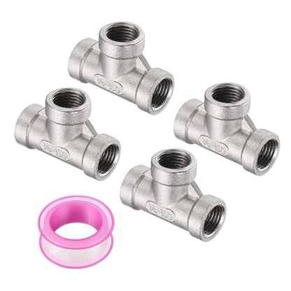 uxcell 4 Pcs 304 Stainless Steel Tee Pipe Fittings G1/4" Female Tee Adapter 3 Way t Shaped Cast Pipe Fitting Connector with Seal Tape for Plumbing Drainage Pipes Heating Systems - size: G1/4"