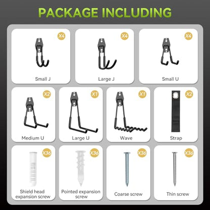 18 Pack Garage Hooks Heavy Duty, Utility Steel Garage Storage Hooks, Garage Organization System with Anti-Slip Wall Mount Hangers for Hanging Bike, Ladder, Garden Tools (Black)