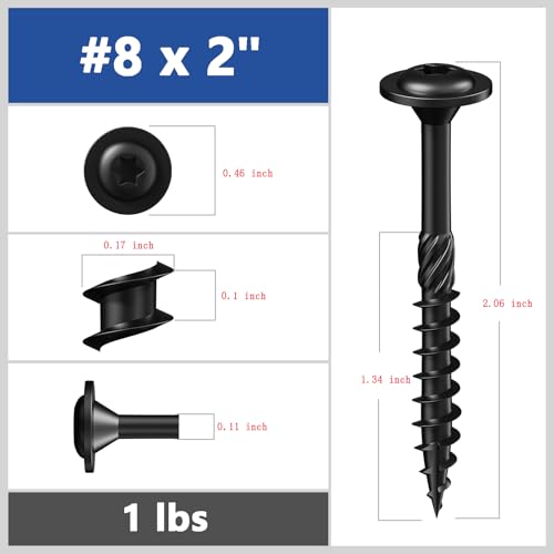 Wensilon (1 lbs)#8 x 2 Black Lag Screws, Structural Wood Screw, Heavy Duty Construction Screw, Rust Resistant, Washer Head, Black Coated Exterior Wood Screws, Star Drive with Bit - color: Black, size: #8 x 2"