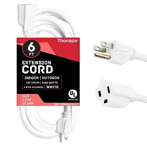 Thonapa 6 Ft Outdoor & Indoor Extension Cord - 16/3 SJTW Weatherproof Water Resistant White Electrical Cable with 3 Prong Grounded Plug - Great for Home Office - color: White, size: 6 Foot