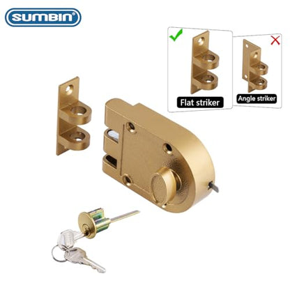 Jimmy Proof Rim Door Lock for Front Antique Entry Door with Flat Striker in Gold Finish