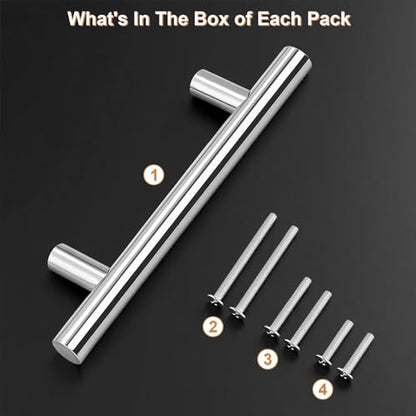 Probrico 5 Pack Hole Centers (96mm) 3.75inch Polished Chrome Kitchen Cabinet Handles Stainless Steel Polished Chrome Cabinet Pulls Round T Bar Pull Handle for Cabinets and Drawers Total Length 6inch - color: Polished Chrome, size: Hole Centers: 3-3/4"