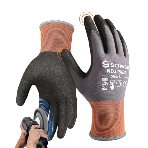 Schwer 6 Pairs Safety Work Gloves Sandy Nitrile Coated LT5626, Level 6 Abrasion Resistant (Certified) Heavy Duty Working Gloves with Grip for Men Women, Touch-Screen, for Mechanic, Construction, L - color: Grey, size: Large