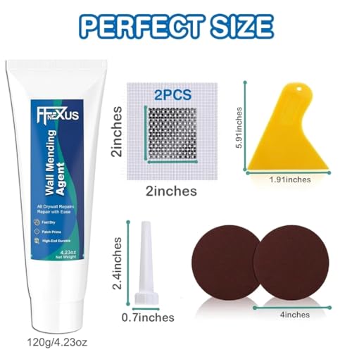 Drywall Repair Kit – 4.23 oz Fast-Dry Putty Tube with 2 × 2″ Wall Patch Mesh, Scraper & 2 × P180 Sandpapers | Quick-Dry Spackle & Sheetrock Crack Filler for Wall, Ceiling & Plaster Hole Repair - color: 1 Tube & 2 Wall Patches