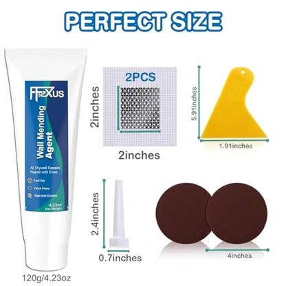 Drywall Repair Kit – 4.23 oz Fast-Dry Putty Tube with 2 × 2″ Wall Patch Mesh, Scraper & 2 × P180 Sandpapers | Quick-Dry Spackle & Sheetrock Crack Filler for Wall, Ceiling & Plaster Hole Repair - color: 1 Tube & 2 Wall Patches
