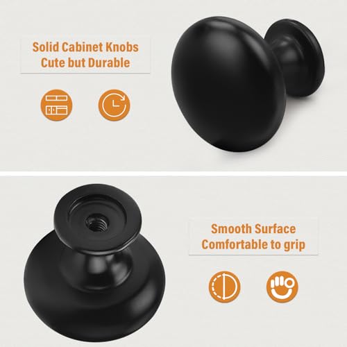 Probrico 5 Pack Cabinet Round Knobs in Black Finish,Kitchen Cabinet Pulls Hardware,1-3/16 inch(29.5mm) Diameter Furniture Pull Knobs - color: Black