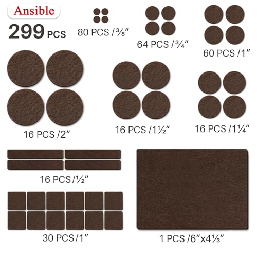 Ansible 299 PCS Felt Furniture Pads, Furniture Pads for Hardwood Floors, Chair Leg Feet Wood Floor Protectors (Brown) - size: 299 PCS Brown