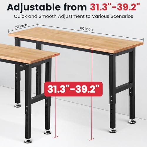 ENJOYWOOD 60" x 22" Heavy Duty Workbench Adjustable Height Garage Work Table with Solid Rubberwood Top for Workshop, Home & Office - size: Medium