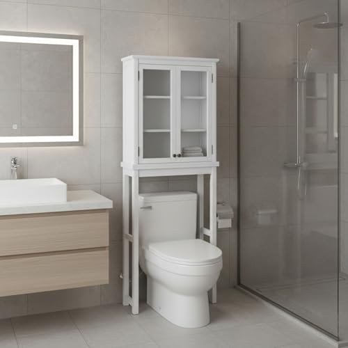 Alaterre Furniture Dorset Over-The-Toilet Storage Cabinet with Tempered Glass Doors – White Wood Bathroom Space Saver Organizer with Adjustable Shelves, Hutch & Wall Mount Hardware - size: Toilet Shelf + Glass Door Cabinet