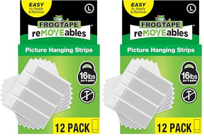 FrogTape reMOVEables Large Picture Hanging Strips, Damage-Free Removable Adhesive Wall Strips, Picture Hangers, Stick On Wall Mounting for Frames, Canvas, Home Décor, White, 12 Pairs (24 Pieces) - size: 12 Pairs (Pack of 2), style: Large