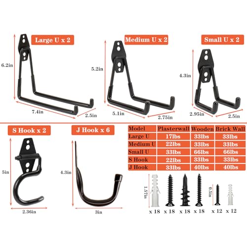 TocTen Garage Hooks, 14 Pack Garage Storage Hook Heavy Duty Solid Steel Wall Hooks, Wall Mount Storage Hook Kit with Anti-Slip Coating Ladder Hooks for Hanging Garden Tools Chair Hose Ropes (Black) - color: Black