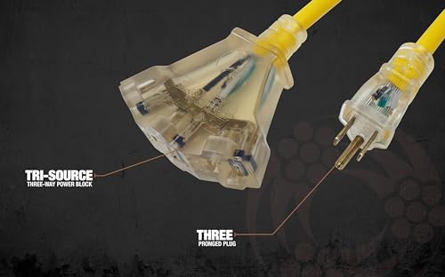 Southwire Heavy Duty Extension Cord, 100ft, 12 Gauge, 3 Conductor, General Purpose Cord, Lighted End, SJTW, Yellow, 4189SW8802