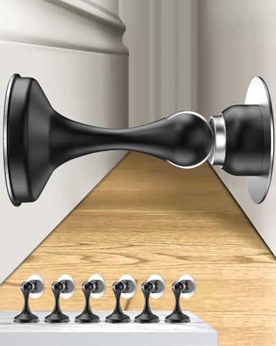 Crosize Magnetic Door Stoppers 6 Pack, Stainless Steel Door Stops for Wall and Floor Mounting, Door Holder Keep Door Open, No Drilling Door Stop with 3D Adhesive Tapes, Black - color: Black, size: 6 Pack