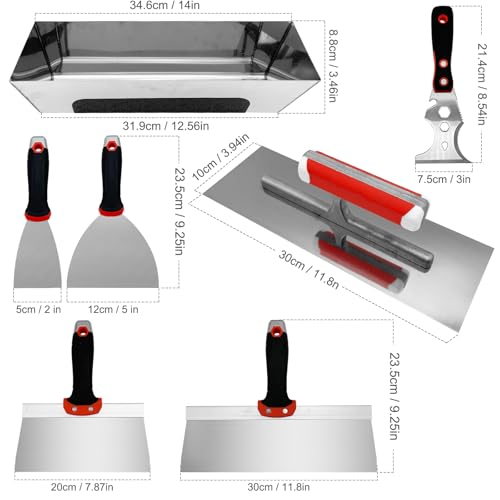 Drywall Hand Tool Kit, 7 Pieces Putty Knife Set with Mud Pan, Taping Knives, Flat Finishing Trowel, Multi-Functional Painter Scraper for Scraping Wallpaper and Drywall - size: Drywall Knife Set, 7pcs