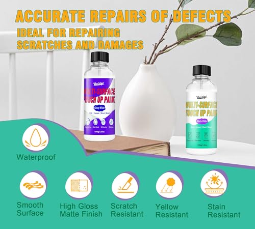 Touch Up Paint Kit 7oz - High Gloss and Matte White Touch Up Paint Pen, Multi-Surface Wall Paint for Scratches, Chips, Cracks on Door, Cabinets, Furniture, Wood, Ceramic, Fast Drying ＆ Water-based