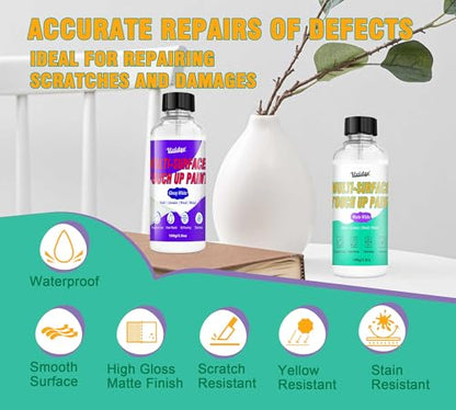 Touch Up Paint Kit 7oz - High Gloss and Matte White Touch Up Paint Pen, Multi-Surface Wall Paint for Scratches, Chips, Cracks on Door, Cabinets, Furniture, Wood, Ceramic, Fast Drying ＆ Water-based