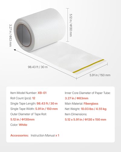 VEVOR Drywall Mesh Tape, 5.91 inch W x 98.43 ft L Self-Adhesive Fiberglass Drywall Joint Tape, 12 Rolls Dry Wall Patch for Easy Sheetrock Ceiling Crack Repair, to Achieve Smooth Even Wall Surface - color: White - 12-pack