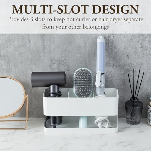 MyGift Hair Tool Organizer, 3-in-1 Metal Hair Dryer Holder, Wall Mounted Blow Dryer Holder, White Bathroom Organizer for Curling Irons, Hair Straighteners, Hair Brush Holder and Hot Tools - color: White