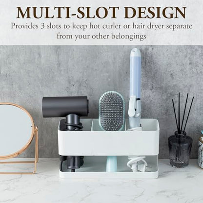 MyGift Hair Tool Organizer, 3-in-1 Metal Hair Dryer Holder, Wall Mounted Blow Dryer Holder, White Bathroom Organizer for Curling Irons, Hair Straighteners, Hair Brush Holder and Hot Tools - color: White