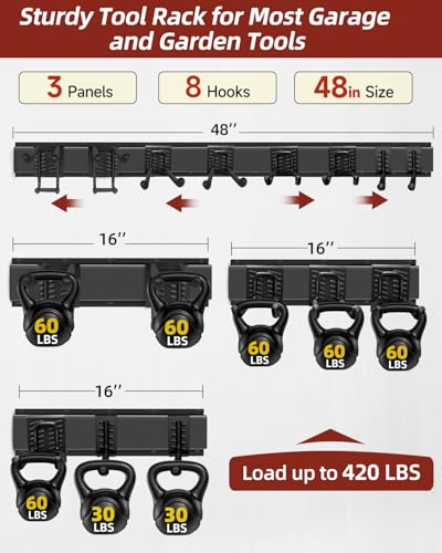 48-Inch Garage Storage Tool Organizer with 8 Hooks - Heavy Duty Metal Rack for Garage Organization, Garden Tool Organizer - Wall Mounted Tool Hanger for Shovels, Ladders, Lawn Tools - size: 48" 3 Panels & 8 Hooks